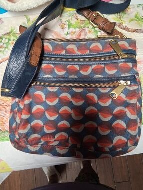 Fossil Patterned Crossbody Bag with Blue Strap - Unbranded